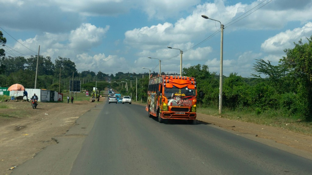 Alt text: Matatu on the road from Nairobi to Lake Naivasha